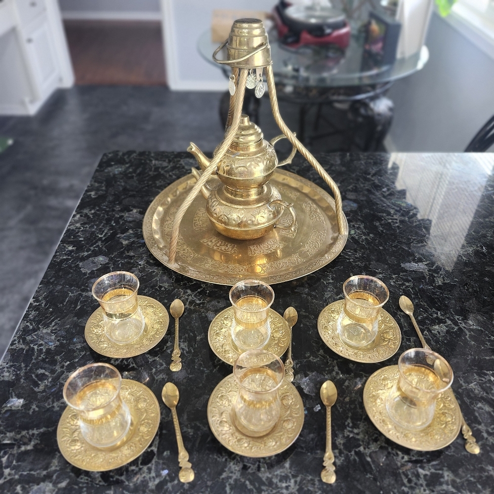 vintage brass Turkish tea Set - Picture 2 of 9